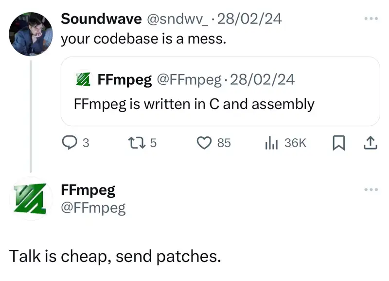 @FFmpeg on Twitter: "Talk is cheap, send patches."